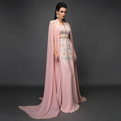 Eightale Arabic Evening Dresses V-Neck Appliques Pink Elegant Cap Sleeve Kaftan Dubai Chiffon Caftan Prom Gown Party Dress