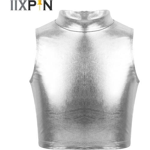 Kids Girls Ballet Leotards ballerina Metallic Sleeveless Turtleneck Crop Tank Tops for Ballet Dance Costumes Stage Performance