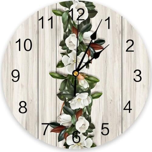 Wood Grain Magnolia Plant Flowers Round Wall Clock Modern Design Home Living Room Decoration Childrens Room Kitchen Table Clock