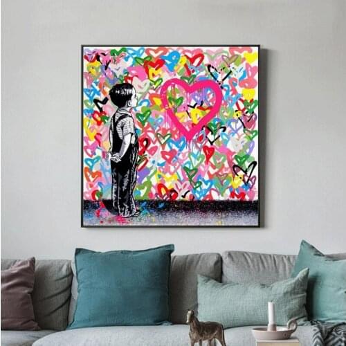 Graffiti Art Little Boy and Colorful Love Hearts Posters and Prints Canvas Paintings Wall Art Pictures for Living Room Art Decor