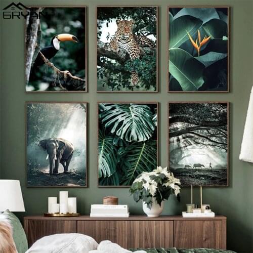 Jungle Forest Picture Lion Tiger Elephant Leopard Prints Poster Animal Flower Leaves Canvas Painting Home Decor Wall Art