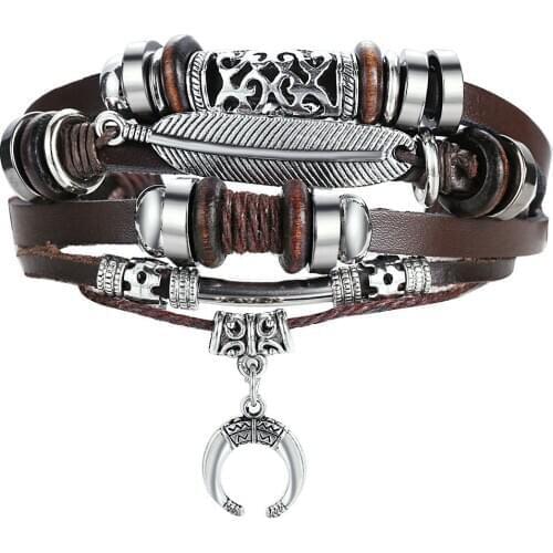 Modyle BOHO Leaf Feather Multilayer Leather Bracelet Moon Charms Beads Bracelets for Men Vintage Punk Wrap Wristband