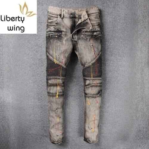 New Fashion Spring Full Length Skinny Jeans Mens Jean For Men Classical Motor Mens Streetwear Paint Pants Plus Size