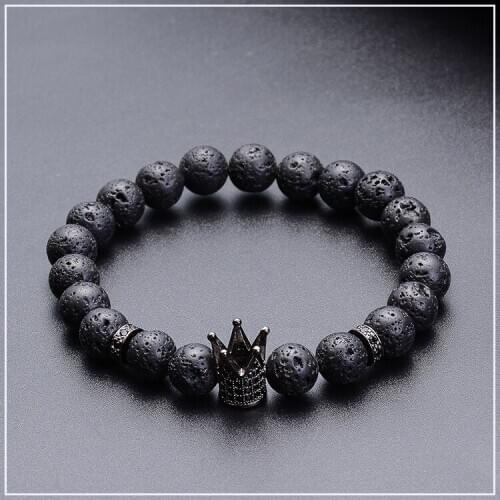 Charm 12mm crown paved black cubic zircon natural rough 8mm lava beaded bracelet for men boy daily jewelry 2021 for wholesale
