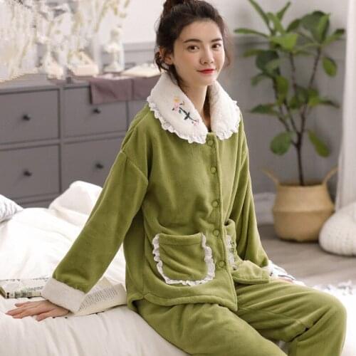 2020 Autumn Winter Women Pajama Set Coral fleece Thick Warm Long Sleeve Pants Pajamas Sleepwear Female Flannel Cute Homewear