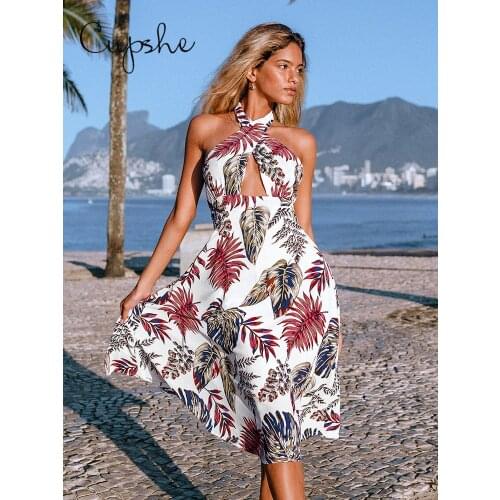 CUPSHE Tropical Halter Cut Out Midi Dress For Woman Sexy Backless Beach Holiday Dress 2021 Summer One-piece Sundress Vestidos