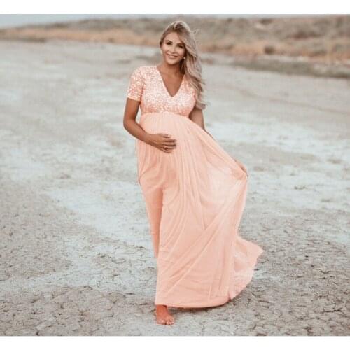 Pregnant Women Maternity Dresses For Photo Solid Color V-Neck Sequined Short Sleeve Net Yarn Pregnancy Dress Photography Props