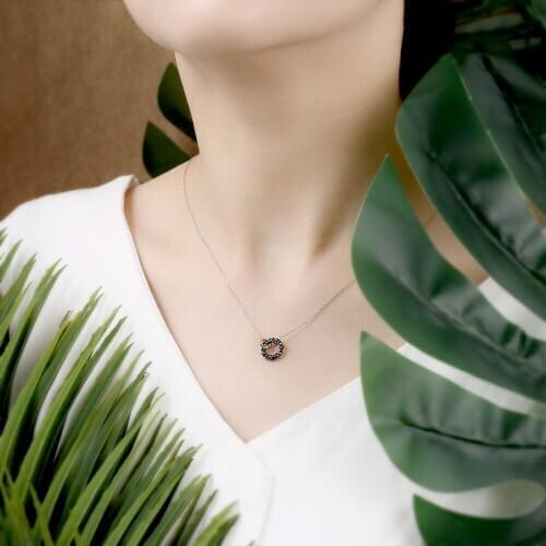 ZS Round Shape Pendant 925 Sterling Silver Necklace For Women White Gold Color Cute Chains Necklaces With Black CZ Crystal Gifts