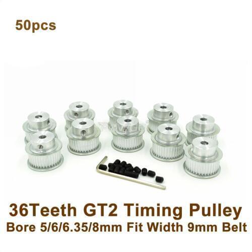POWGE 50pcs 36 Teeth 2GT Timing Pulley Bore 5/6.35/8mm Fit Width 9mm 2GT Timing Belt 3D Printer 30T 30Teeth GT2 Timing Pulley