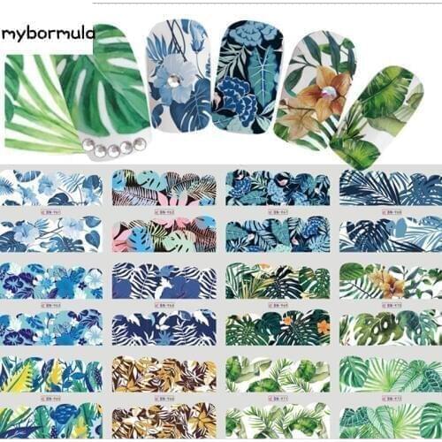 Mybormula Mixed 12 Nail Designs Water Transfer Sticker DIY Tattoo Slider Summer Green Grass Flower Series Nail Art Wraps Set