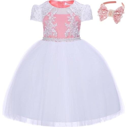 Pink and White Princess Lace Dress with Layered Tulle Children Party Outfit with Accessories Headband Size 3 4 5 6 7 8 Years Old