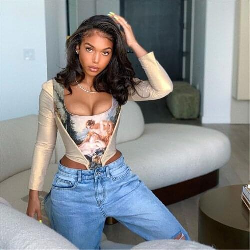 Spring Summer Women Sexy Mesh Pullover Autumn Long Sleeve Square Collar Angel Print Crop Tops Party T Shirts Club Fashion Tee