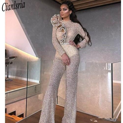 Bling Sheath Evening Dress Jumpsuits High Neck Sequins Beaded Ruffled Sash Prom Dress Long Sleeves Floor Length Formal Gown