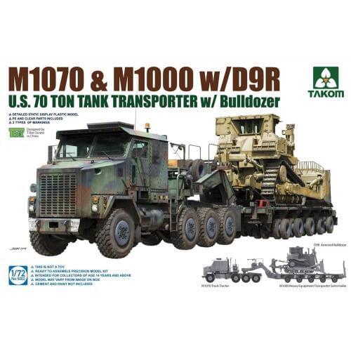 TAKOM 5002 1/72 Scale U.S. M1070 & M1000 w/D9R 70Ton Tank Transporter w/ Bulldozer Plastic Model Building Kit