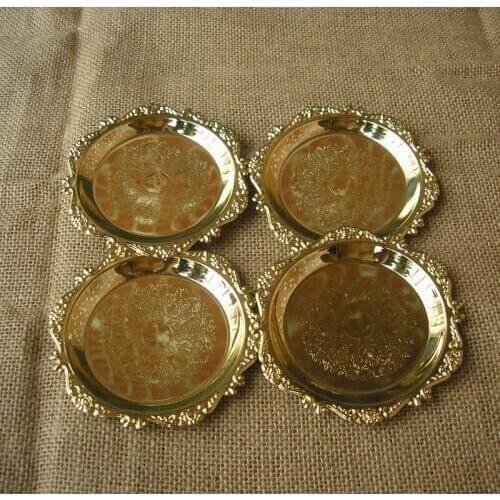 Engraving Alloy Plate Flower Edges Food Tray Metal Dishes Dinnerware Plates Gold/silver pack of 4pcs