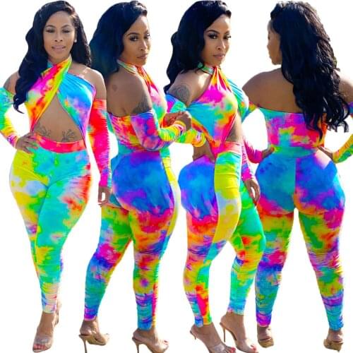 Tie dye jumpsuit women clothing 2021 summer trend Sexy long sleeve fashion club S-2XL bodycon jumpsuits Wholesale dropshipping