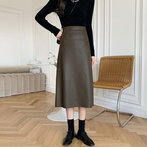 New Arrivals High Waist Split Skirts For Women 2021 Autumn Winter Office Lady Leather Midi Skirt Khaki In Stock