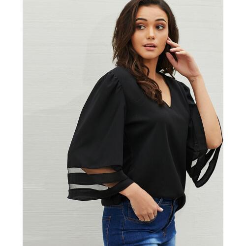 Women Chiffon T-Shirts 3/4 Bell Sleeve Mesh Patchwork V Neck Tops Loose Casual Tee Flare Sleeve 2019