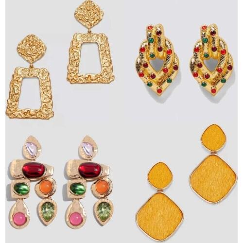 Flatfoosie Boho Golden Big Dangle Earrings For Women Crystal Bead Vintage Geometric Heart Punk Statement Drop Earring Jewelry