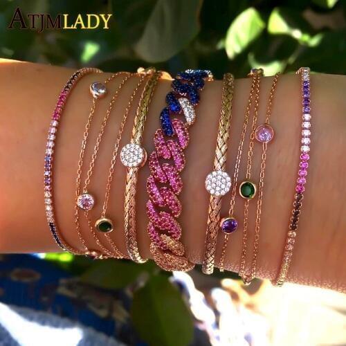 Tennis CZ delicate cuff Bracelet Multicolor rainbow colorful bangle for women engagment gold filled adjust minimalist jewelry