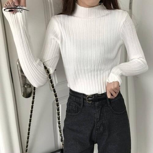 2021 Women Top New Autumn Half-Collar Bottoming Sweater Slim-Fit Solid Long Sleeve Pullover Korean Clothe Female Pullover 10605