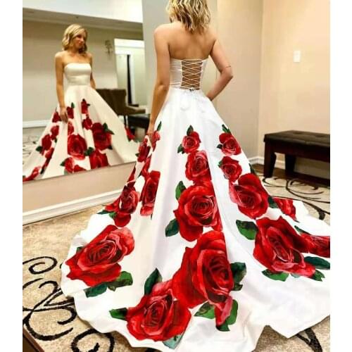 Long Satin A-Line Floral Evening Dresses with Pockets Floor Length Criss Cross Back Sweep Train Formal Party Gowns for Women