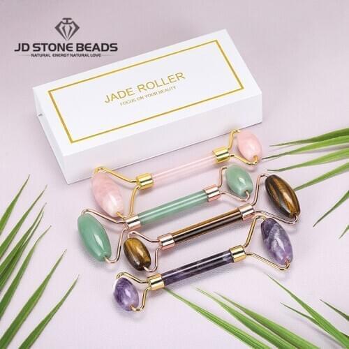 1 Boxed Natural Jade Stone Massage Roller Pink Quartz Amethyst Face-lifting Massage Tool Jewelry Gifts