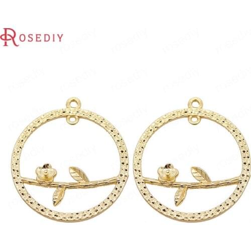 39391)6PCS 25MM 24K Gold Color Brass Flower Branch Circle Earring Connect Charms Pendants Jewelry Making Diy Accessories