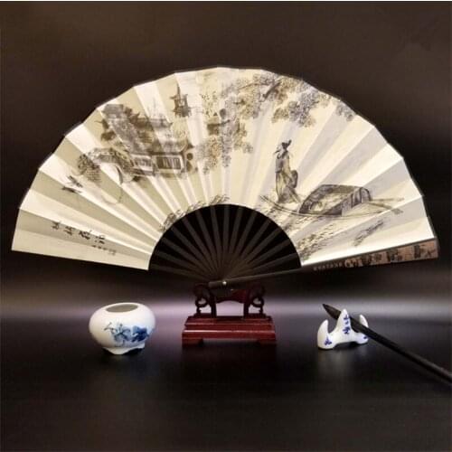 Mens decorative large folding fan, Bamboo and wood printed hand fan 12.99 inches Home decoration fan Holiday gift hand fan