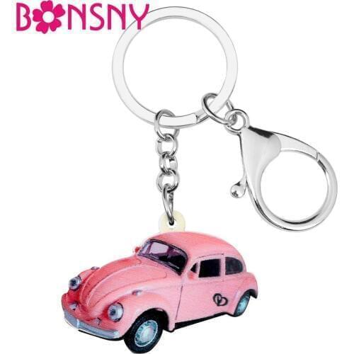 Bonsny Acrylic Classical Pink Car Pattern Key Chains Key Ring Novelty Jewelry For Women Girl Ladie Handbag Car Charms Decoration