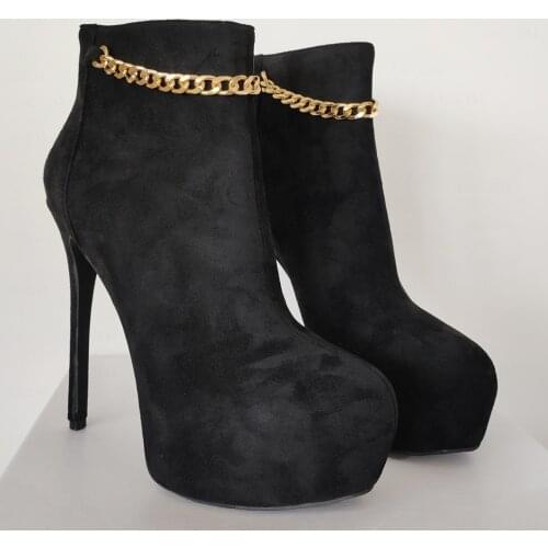 LAIGZEM Women Ankle Platform Boots Faux Suede Back Zip Chains High Heels Boots Ladies Female Shoes Woman Large Size 41 42 45 52