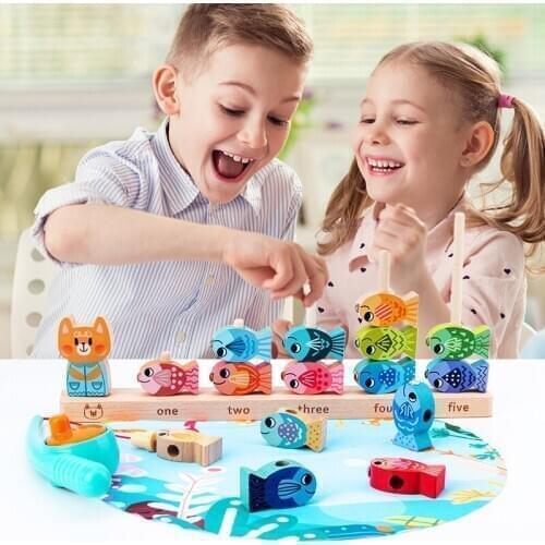 Baby Toys Wooden Children Boy Girl Fishing Toy Set Magnetic Building Blocks Fish Puzzle Counting Toy For Kids Gift