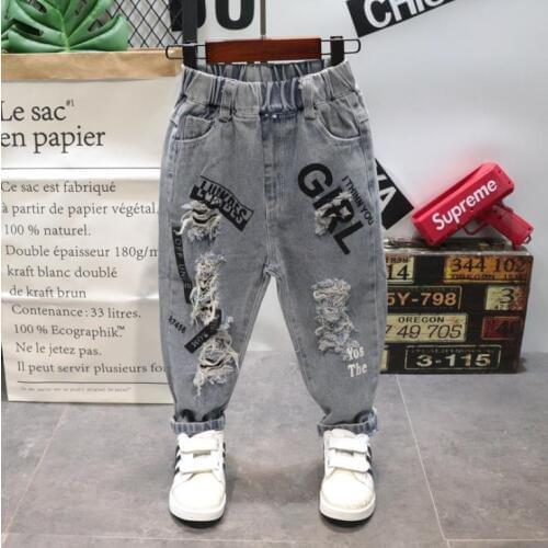 Jeans boy trousers children hole pants letter printed jeans kids children pants retro gray trousers suitable for 2-7 years old