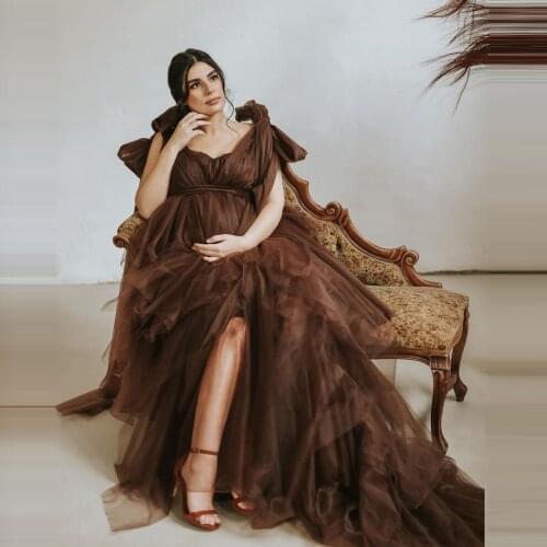 2021 Elegant Brown V-neck Tulle Long Prengnant Women Dresses Top Quality High Low Tiered Ruffles Maternity Robe To Photoshoot