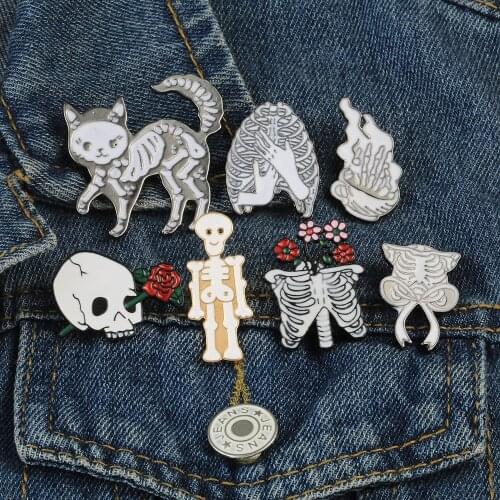 Punk Gothic Cat Enamel Pin Rose Skull Ghost Skeleton Rib Brooches Denim Shirt Label Pins Romantic Death Jewelry Collection Badge