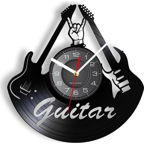 Guitars Laser Etched Vinyl Wall Clock Rock gestures Rock N Roll Vinyl CD Disc Wall Watch Hanging Black Wall Decor For Musicians