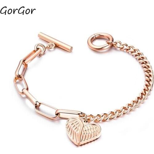 GorGor Bracelets Women Stainless Steel Pattern Heart Pendant Different Chain Rose Color Individuality Romantic Jewelry TS-987