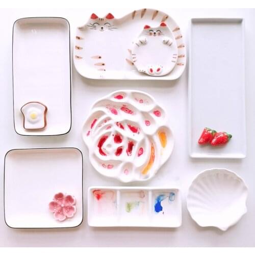 Ceramic palette Watercolor Painting Dish Kawaii kitten White Porcelain Color Palette Office profession painting Art Supplies