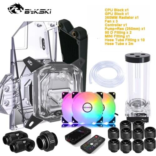 Bykski PC Split Water Cooling Kit CPU+GPU Cooler Soft Hose Set,Block+Pump Reservoir Res +Radiator+Fitting+Tube+Fans+Controller