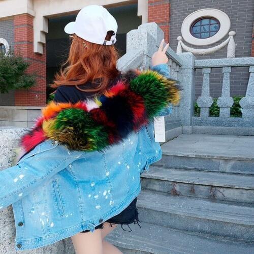 Maomaokong 2020 new fashion brand women denim coat big raccoon fur collar with Fox fur liner jacket
