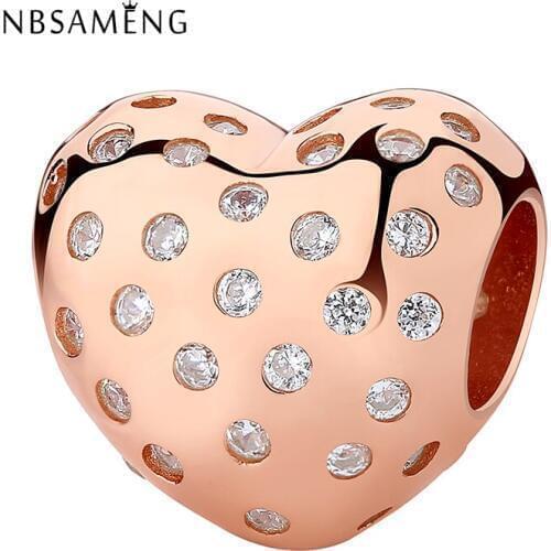 New 925 Sterling Silver Bead Rose Gold Color & Clear CZ Heart Bead Charm Fit Bracelets & Bangles For Women DIY Gift