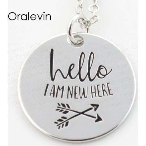 Wholesale HELLO I AM NEW HERE Engraved Pendant Charms Necklace Lover Gift Jewelry 10Pcs/Lot,#LN216