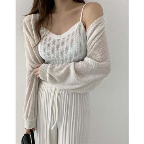 Alien Kitty Autumn Two-Piece Sets Knitted Shawl Sweater High Waist Slim Cardigans 2021 Sexy Femme Knitwear Hollow Out Tank Tops