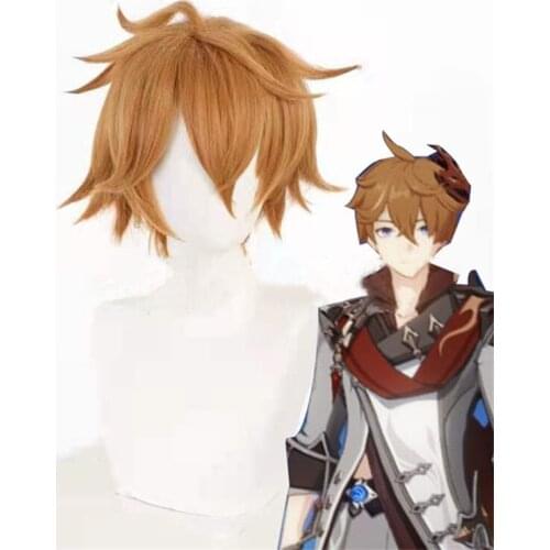 Genshin Impact Cos Wig Tartaglia Brown-yellow Inverted Short Hair Anime Character Wig Any Face Shape Game Role Playing