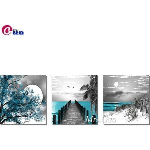 Landscape Green Tree Coast Beach Wall Art Moon Ocean Triptych Diamond Painting Full drill Rhinestone Mosaic Diamond Embroidery