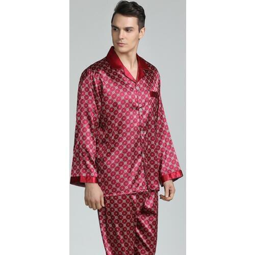 Mens Pajama Set Silk Pajamas for Men Sleepwear Sexy V-collar Cozy Soft Long Sleeve Nightgown Tops + Trousers Two Piece Set