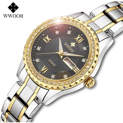 WWOOR Luxury Diamond Women Quartz Watches Gevena Bracelet Gold Ladies Dress Watch Female Wristwatch Gifts Clock Relogio Feminino