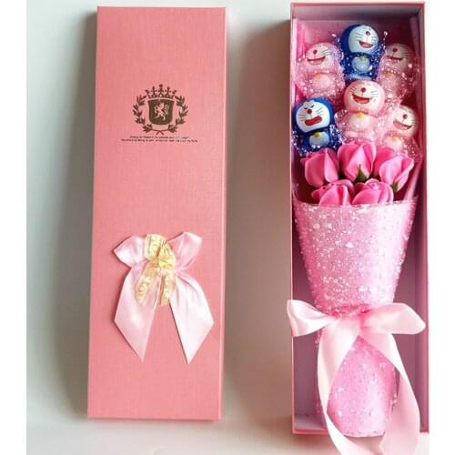 Pink cartoon Doraemon Gift box Soap flower Cute plstic bouquet toy Valentines Day birthday Gifts toy