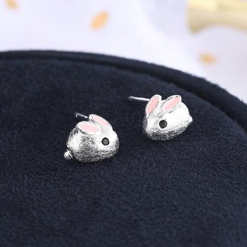 S925 925 Sterling Silver Pink Rabbit Stud Earrings Cute Playful Animal Earrings Female Girls Gift