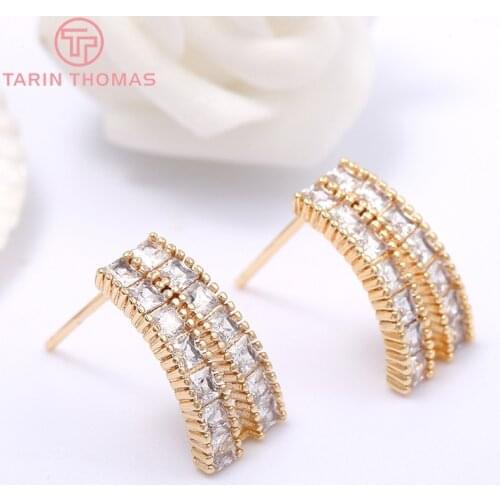 2PCS 8x16MM 24K Gold Color Plated Brass with Zircon Arc-shaped Stud Earrings High Quality DIY Jewelry Making Findings